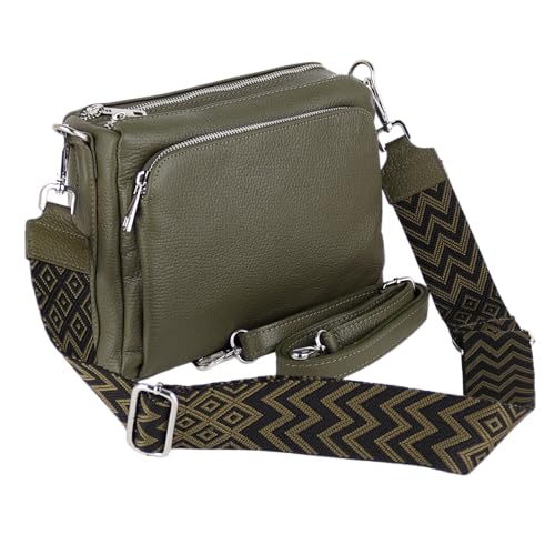 MIRROSI Umhängetasche Damen, Crossbody Bag, Echtleder Made in Italy (1 Tasche 2 Gurte oder Basic Version 1 Tasche 1 Gurt), 27x19x10cm (BXHXT) Mittelgroß (Khaki (Boho mit 2 Gurte))