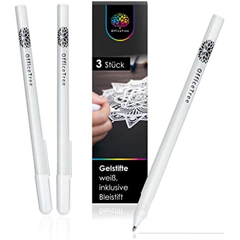 OfficeTree 3 x Gelstifte Weiß zum Zeichnen - Fein 0,75mm & Bleistift - Weißer Gelstift Zum Zeichnen Cover