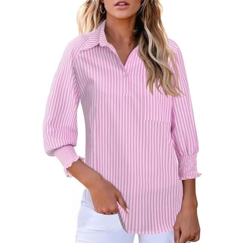 Kistore Women Blouses 3/4 Sleeve Button Down Shirts Smocked Cuffed Business Dressy Casual Tops with Pocket S-XXL