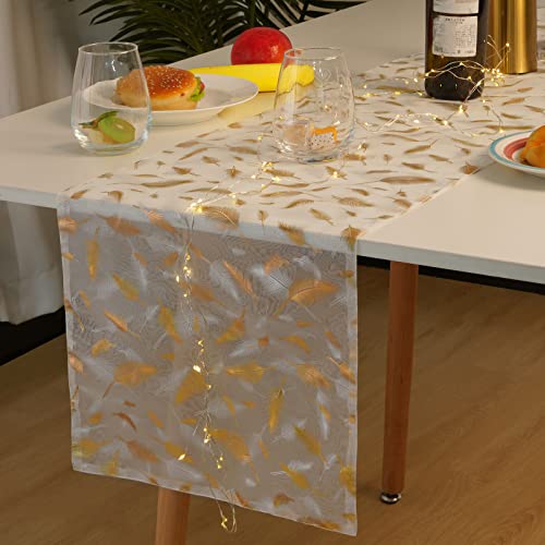 Yugarlibi Camino de mesa de organza transparente, con estampado en caliente de plumas doradas, para decoración del hogar, boda, festival, vacaciones, 35 x 183 cm, color blanco Cover