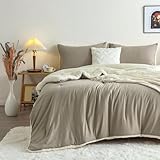 Picture of COTTEBED Reversible Sherpa Bed Comforter Queen Set - Lightweight But Warmth Softness Shabby Comforter Set for Full Size Bedding, 3 Piece Fluffy Western Farmhouse Down Comforter Winter, Beige and White
