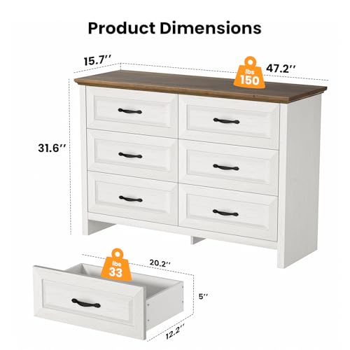 Amada Farmhouse 6 Drawer Dresser, 47.2 Inch Wood Chest Browns & Whites