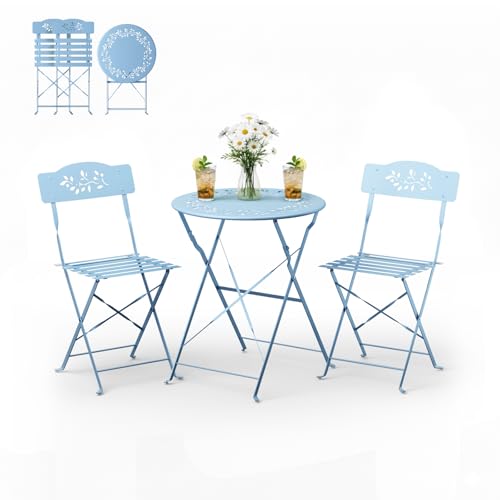 Bonnlo Set de Bistrot Pliant Ensemble en 3 pièces, Table et Chaise de Jardin Exterieur économes d’Espace pour Balcon-Porche-Jardin, Blue Clair