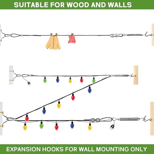 String Light Hanging Kit with 500FT Vinyl Coated Stainless Steel 304 Wire Rope Suspension Kit Included Enough Accessories with Turnbuckles and Hooks for Patio, Garden and Wedding Lighting