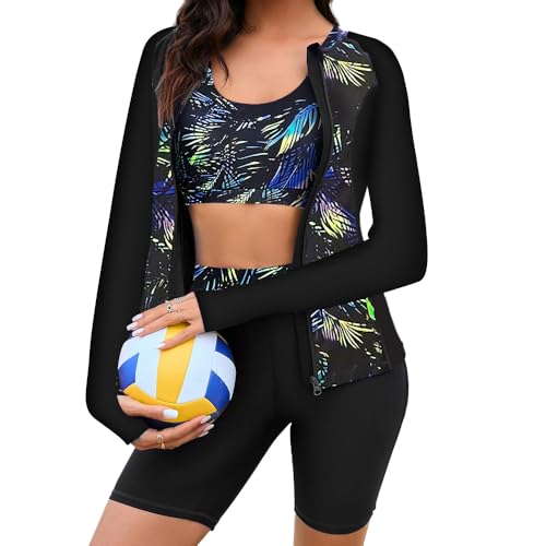 Consejos para Comprar Ropa de Deportes acuáticos los mejores 10. 47 Lukovee Trajes de Baño Deportivo para Mujer,3 Piezas Traje de Baño Manga Larga de Protección UPF 50+,Baño Natacion de Rash Guard Surf Playa