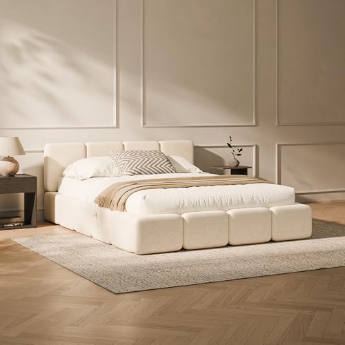 Image of RECCI Cloud Queen Upholstered Platform Bed Frame, Low Profile Grounded Design with Plush Headboard & Footboard, Wood Slat Support, Noise-Free, No Box Spring Required, Beige