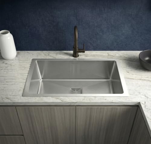 Image of RUVEL Kitchen Sink 24 inchx18 inchx9 inch | Premium Handmade 304 Grade Stainless Steel Single Bowl | Heavy Duty, Rust & Scratch Resistant | Includes Waste Coupling, Drain Rack & Hose Pipes | Silver - Matt Finish