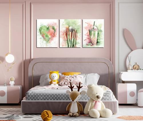 Image of Frimeeme Basketball Canvas Wall Art, 4pcs 8x10in Unframed | Boba Tea, Makeup Brushes and Heart, Teen Girls Bedroom Decor