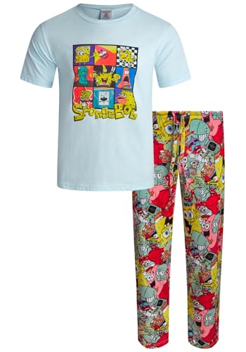 COCO BRANDS Nickelodeon SpongeBob SquarePants - 2 Piece Short Sleeve Sleep Shirt and Pajama Pants Sleepwear for Men & Women Size Large Light Blue & Multi Spongebob Graphic Print Set