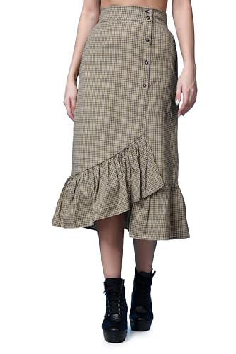 Image of POPWINGS Casual Check Print Long Flare Skirt for Women | Cotton Skirt for Women Skirt for Women