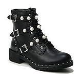 zara schuhe sneaker  HERIXO Damen Schuhe Stiefeletten Schnallen Verzierung Perlen Nieten Flache Reissverschluss halbhoche Schnürboots Schnürer Military Boots(39,Black)