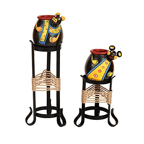 Image of AAKRITI ART CREATIONS Animal Heads Multipurpose Pots with Metal Stands | Set of 2 Decorative Planters | Black & Yellow Modern Art Pots | Matte Finish Home Decor Items for Table Decor & Gifting