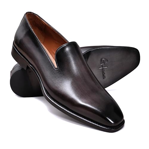 Image of Men's Genuine Leather Loafers Hand-Dyed Leather Sole Slip-On Dress Shoes