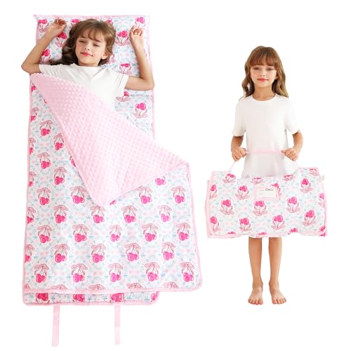 Lasoftan Toddler Nap Mat with Pillow and Blanket, Extra Large Rolled Napping Mats,Slumber Bags for Boys Girls,Kids Sleeping Bag for Daycare, 21" x 50" Preschool Travel Camping - Bow Cherry
