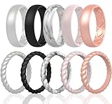 Saco Band Silicone Ring Wedding Band for Women - 10 Pack Ring Set (Black, Marble, Light Pink D, Rose Gold F, Pearl Silver A - Size 7.5-8 (18.20mm))