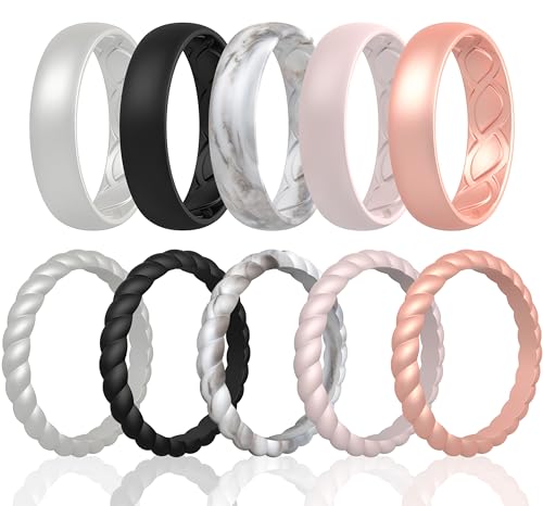 Silicone Rings Women, Ergonomic with Breathable Airflow Design - Multipack: 5 Breathable Wedding Bands, 5 Thin & Stackable Rings