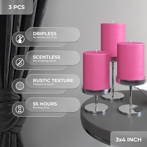 CANDWAX 3x4 ピラーキャンドル 3個セット - 装飾的な素朴なキャンドル 無香料 ディナーキャンドル - ウェディングキャンドルや大きなキャンドルとして理想的 ホームインテリアに - ホットピンクキャンドル [3]