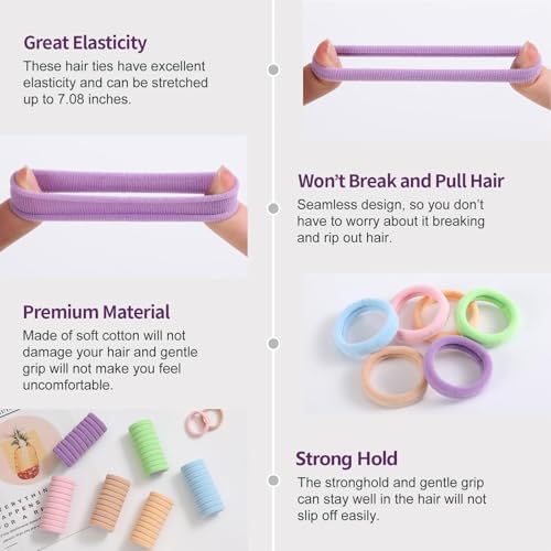 Image of Bessrung 100PCS Candy Color Seamless Elastic Hair Ties No Damage for Women | Soft Stretch Hair Elastics, Snag-Free Hair Bands for Thick Thin Hair, Strong All-Day Hold, Hair Accessories for Everyday Use