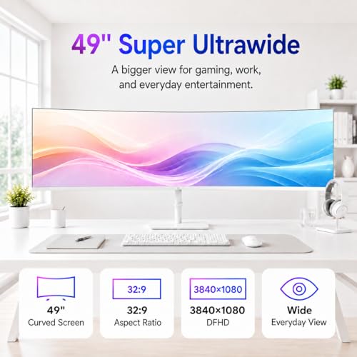 Image of Deco Gear 49 inch Curved Ultrawide Gaming Monitor, 144Hz DFHD 3840x1080 32:9 VA Display, 1ms MPRT, Adaptive Sync, HDR, 1800R, PIP /PBP, 2 HDMI 2 DisplayPort, White Display for PC & Laptop
