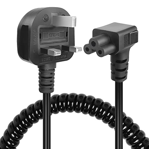 GELRHONR Coiled C5 Cloverleaf Mickey Mouse Power Cord, 90 Degree 3 Pin BS 1363 to C5 AC Power Lead Spring Spiral Cable for Laptop PC Monitors,Computer, Printer,Scanners (Down Angle C5)