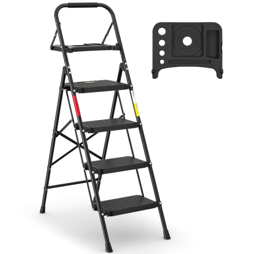 Image of BONTEC 4-Step Ladder, Folding Step Stool, 600lbs Max Load, Black