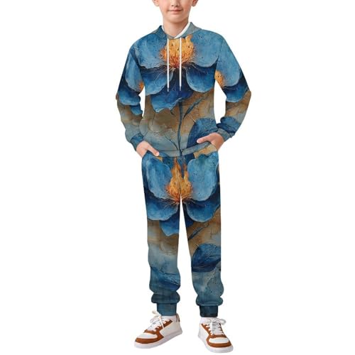 Boys Girls Sweatshirt Pullover Hoodie & Pants Kid Active Sweatsuit Tracksuit, Alchemy Blue Flower Flaming