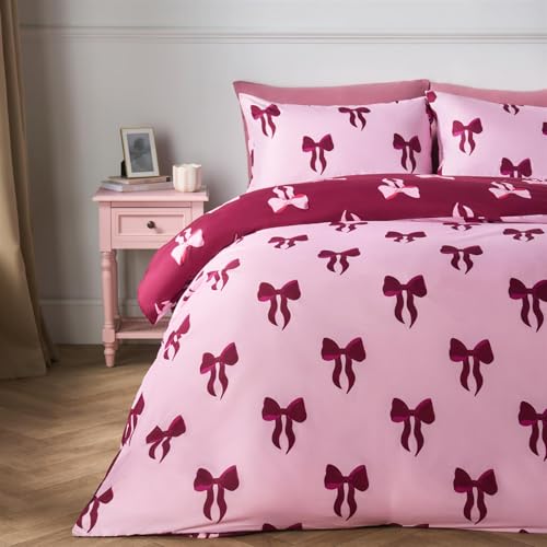 OHS Single Duvet Cover Set Bow Printed Birthday Gifts for Women Super Soft Microfibre Reversible Bow Bedding Luxurious Duvet Cover Single with Pillowcase Burgundy/Pink