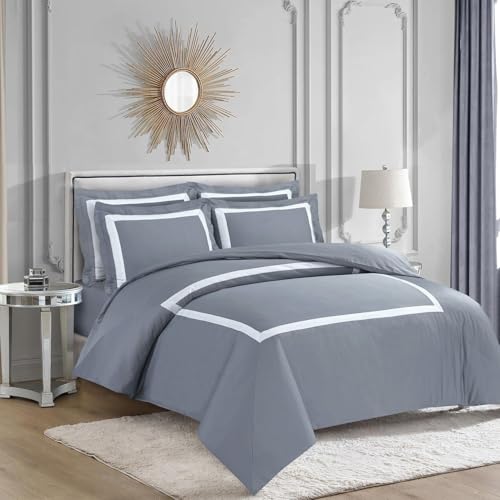 Majestic Giftware Madison Linen 8-Piece Twin Size Bedding Set (BL3-T-2) | Province Hotel Collection-Gray-White Tape 400 TC Cotton Sateen | 2 Fitted Sheets, 2 Duvets, 4 Pillowcases