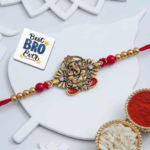 Image of eCraftIndia Blessing Ganesha Rakhi for Brother Bhaiya Bhai with Best Bro Ever Fridge Magnet | Roli Chawal Pack