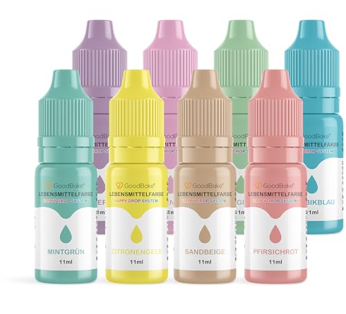 GoodBake Lebensmittelfarbe flüssig Pastell Set (8 x 11 ml) - farbintensiv, geschmacksneutral, vegan & zuckerfrei - Food Coloring für Tortendeko, Kuchenteig, Fondant, Kekse, Getränke, DIY