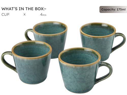 Image of Bodhi House Handmade Reactive Glaze Ceramic Tea Cup Set of 4 Pieces (175 Ml), Stoneware Coffee Mug, Microwave Safe Small Tea Cup, Ideal for Daily use, Casual Gatherings and Gifting, Ocean Green