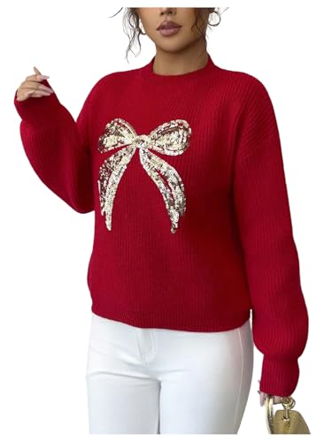 Image of RoseSeek Women's 3D Floral Appliques Crewneck Sweaters Long Sleeve Drop Shoulder Pullovers Elegant Knit Tops