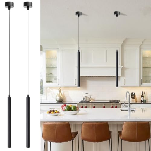 ACMHNC Black Pendant Light, 2pcs LED Pendant Lights for Kitchen Island, Bedroom, 5W Modern Minimalist Hanging Lights, 3000K, 180cm Height Adjustable, 30cm
