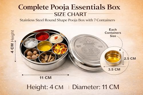 Image of Stainless Steel Round Pooja Box with 7 Containers | Compact Puja Samagri Storage Box | Durable Steel Sindoor Kumkum Chawal Box | 11 cm