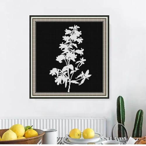 Image of Svarog 14CT Stamped Cross Stitch Kit for Beginners - Easy & Stylish DIY Embroidery with Simple Patterns, Ideal for Women's Relaxation | Black-and-White Plant(2) 12.2 x 12.2 inch
