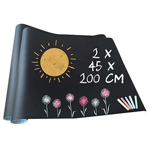 2x Papel Láminas Pizarra Negra Autoadhesivas 200 x 45 cm | Removible, Personalizable, Borrable | Pizarrón Negro para Escuela, Casa, Cocina, Oficina | 5 Tizas de Color GRATIS