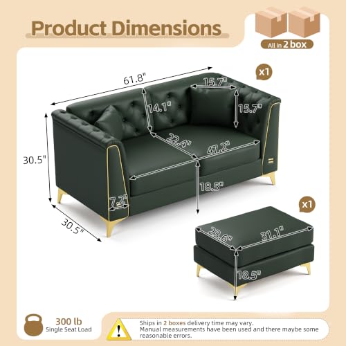 Image of KEIKI 62 inch Faux Leather Chesterfield Sofa with Handmade Button Tufted, Green