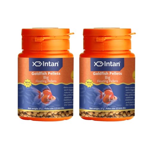 Image of Intan Goldfish Pellets Fish Food | Big Floating Pellets for Fish | Daily Nutrition Fish Feed for Health & Growth | Mini Pack 27 Gm Each, Pellet Size - 2.5 mm Dia, Pack of 2,All Life Stages