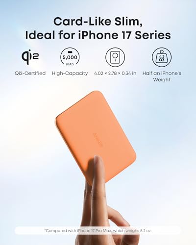 Image of Anker Nano MagSafe Portable Charger, Ultra-Slim 5,000mAh Magnetic Wireless Power Bank, Qi2-Certified 15W Max, Compact for Travel, Ergonomic Design, for iPhone 17 /16 Series, and More