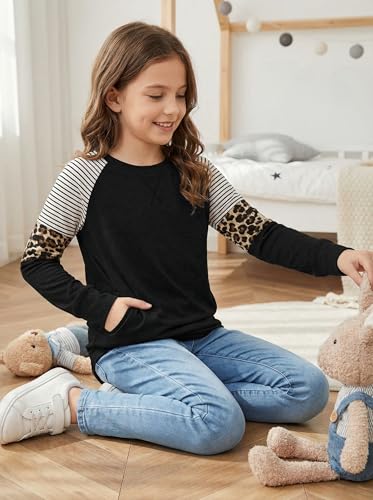 Image of SELINK Girls Big Kids Long Sleeve Striped Color Block Pocket Tees | Casual Loose Fit With Side Pockets,Soft Stretch Polyester Blend For Big Girls Daily&Back To School Wear