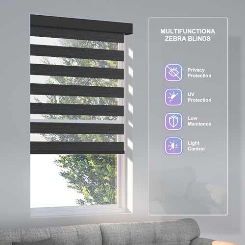 Custom Size Blackout Cordless Zebra Blinds for Windows, Black Textural Privacy