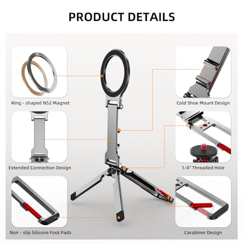 Flymile Magnetic Phone Tripod Stand for iPhone, Aluminium Lock Mini Tripod with Arca-Swiss, for MagSafe Smartphone Holder Quick Mount with 1/4'' Screw Hole and Cold Shoe for iPhone 17 16 15 14 13 12 — view 6