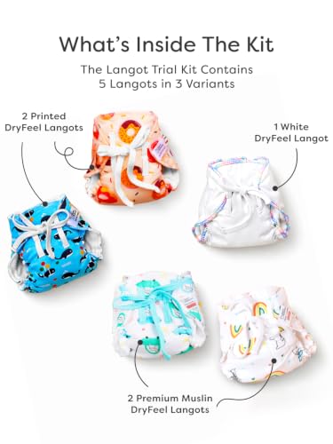 Image of SuperBottoms DryFeel Langot Trial Kit for Newborn Babies, 5 Assorted Langots with 2 Printed, 2 Premium Muslin & 1 White, Soft Cotton Langot for Diaper-Free Time, 0-9 Months