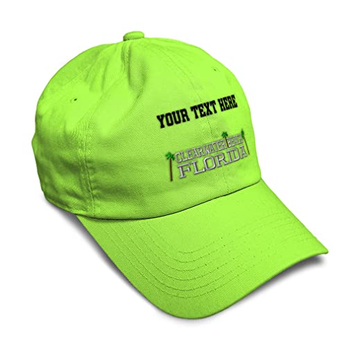 Custom Soft Baseball Cap Clearwater Beach Florida Embroidery State Map Names Vacation Twill Cotton Country Dad Hats for Men & Women Lime Personalized Text Here