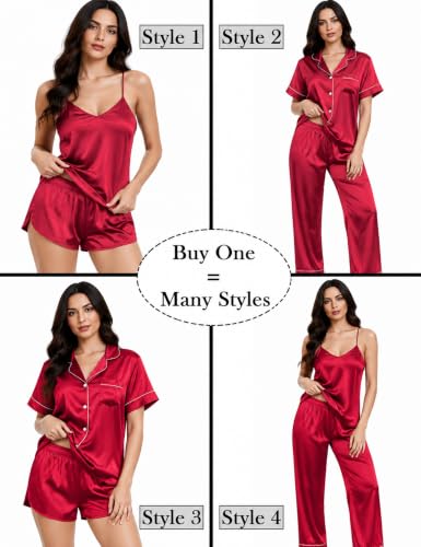 Image of SWOMOG Womens Silk Satin Pajamas Sets 4pcs Sleepwear Sexy Cami Shorts Set and Button Down Short Sleeve Pjs Loungewear