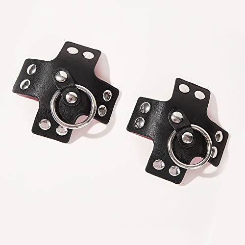 Vastlucky Black Leather Nipple Cover Reusable Pasties Punk Silver Metal Nipple Ring Breast Petals For Women Parties Rave Lingerie, One Size #TOP6