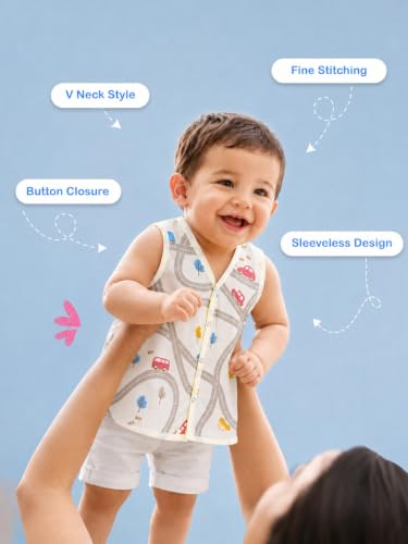 Image of Kidbea Bamboo Muslin Jhabla for Newborn Baby, V-Neck Sleeveless Button Jhabla Shirt, Soft Breathable Infant Kids Clothing for Summer Wear