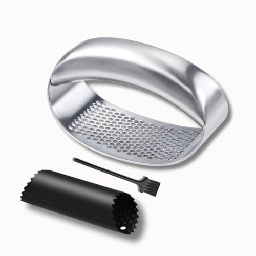 CLOVE Presse Ail Inox 18/10 à Bascule Solide, Hachoir Manuel en Acier Inoxydable, Pressoir Presse Purée avec Eplucheur Silicone, Coupe Ecrase-Ail Circulaire...