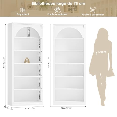 Bibliothèque 186 cm 6 étagères arc blanc FirFurd