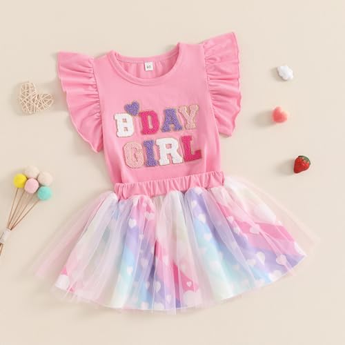 Toddler Birthday Dress Outfit Birthday Girl Embroidery Ruffle Shirt Princess Mesh Tutu Skirt Party Gifts for Girls (Purple Pink, 3-4T)